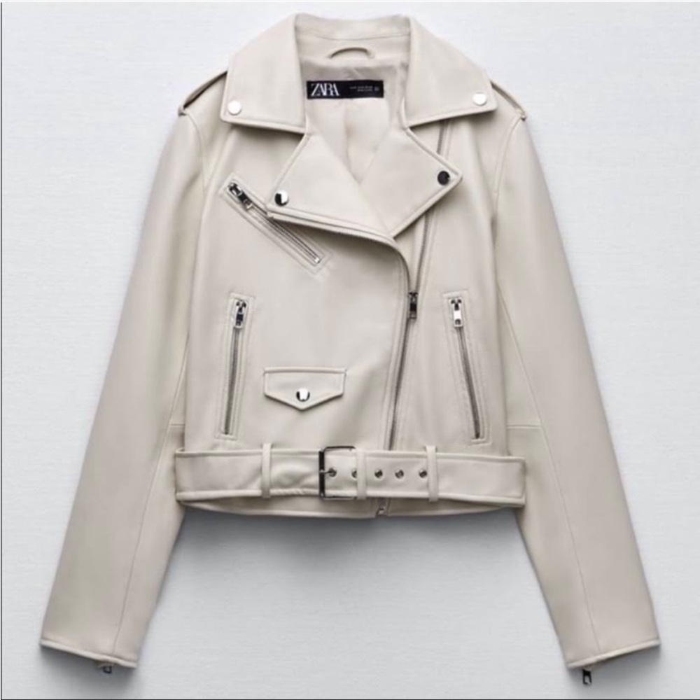 Zara Beige Faux Leather Biker Moto Jacket Sz:XS - Picture 4 of 7